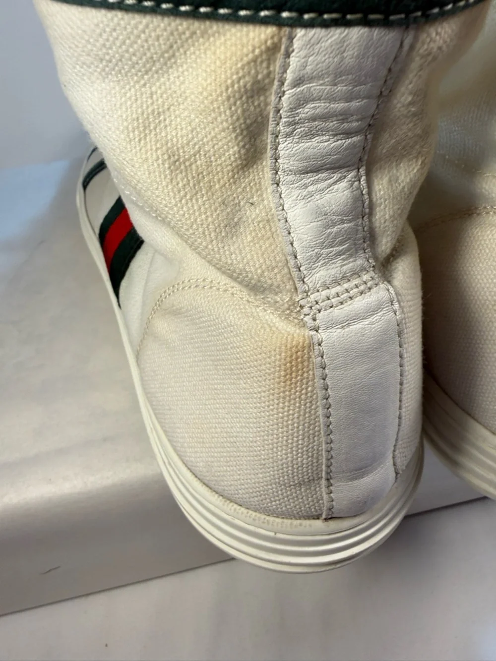 Gucci White High-Top Canvas Sneakers with Green Trim and Red-Black Stripe - Picture 5 of 12
